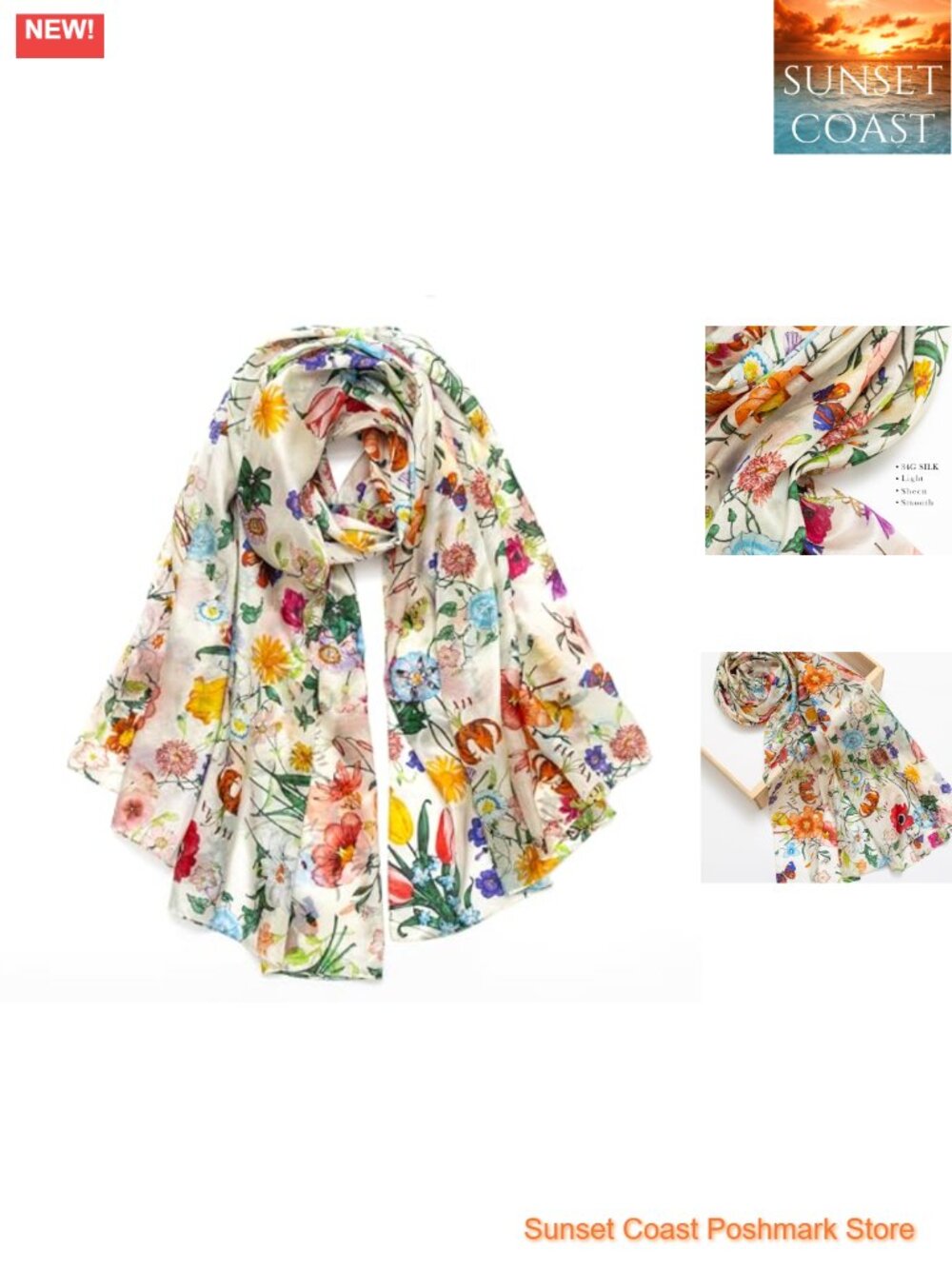 100% Mulberry Silk Large Scarf Wrap, Lightweight Chiffon Feel, 68x43 in